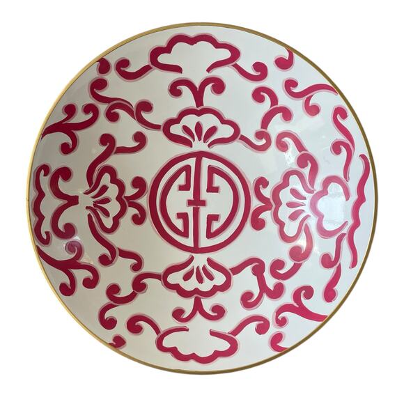 Dana Gibson Hand Painted Tole Sultan Bowl 16in Metal Hot Pink White Floral NEW - Picture 2 of 10